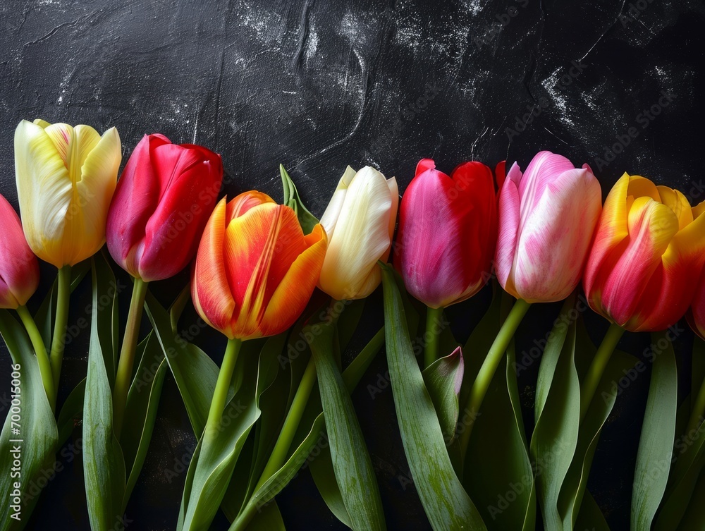 Poster bouquet of multicolored tulips on a black background generative ai