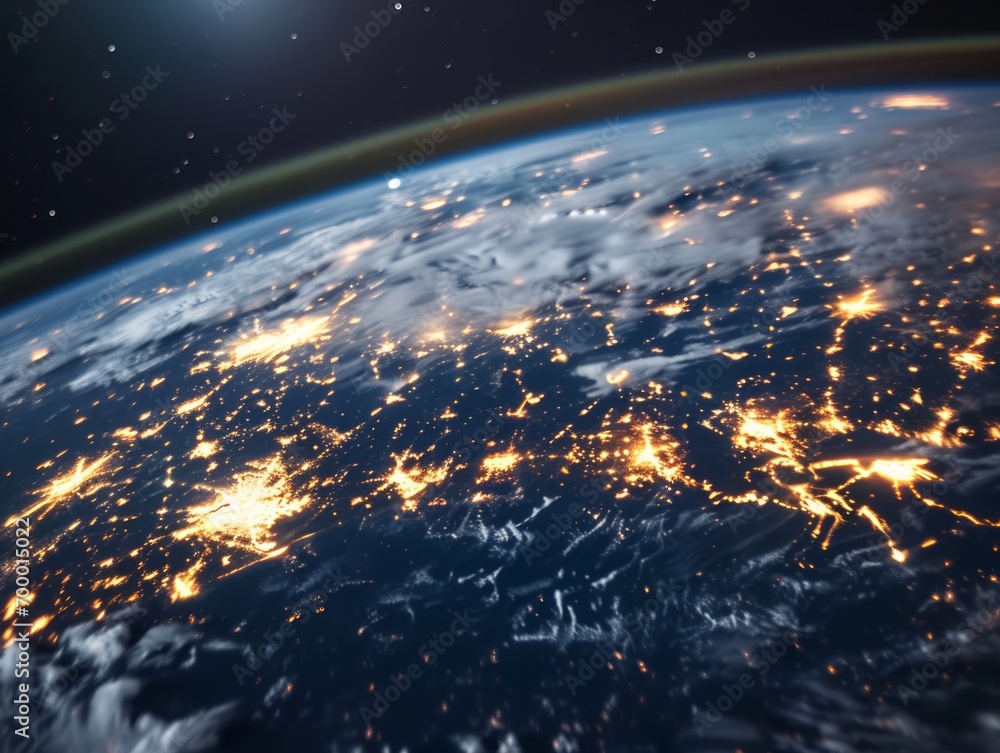 Poster earth view from space showing realistic planet surface and visible city lights. 3d illustration. gen