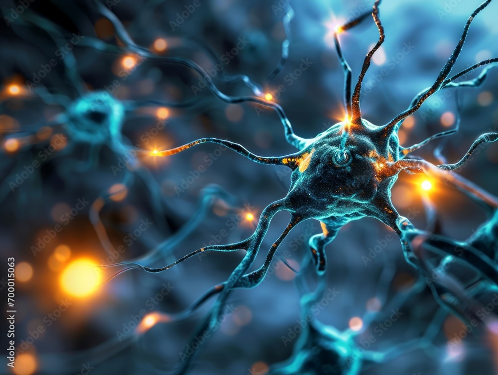 Poster neuron cell, 3d illustration. neuron cell with neurons activity. neuron cell close-up. neuron cell. 
