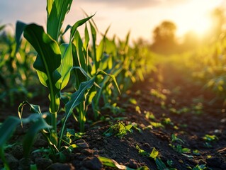 Young corn seedlings in the field at sunset. Close-up. Generative AI