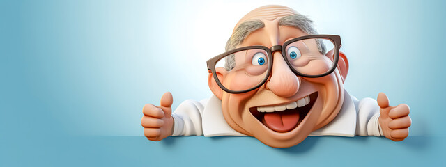 photorealistic 3D caricature of an elderly man with exaggerated features, giving two thumbs up, set against a soft blue background with space for text