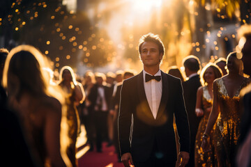 a male celebrity walking the red carpet bokeh style background - obrazy, fototapety, plakaty