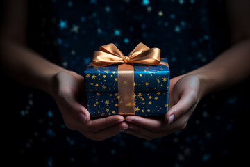 close up of hands holding blue gift box bokeh style background
