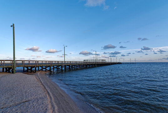 The Pier at Palacios, the City By The Sea on the Gulf Coast of Texas near to Rockport City on a late September Evening.