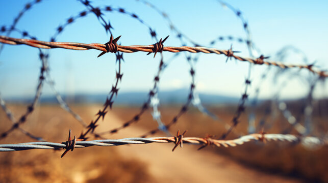 Barbed wire on the US state border. Background