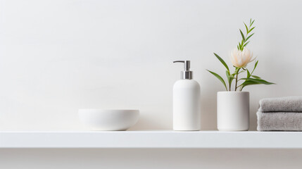 Fototapeta na wymiar Bathroom accessories on a shelf in front of a white wall