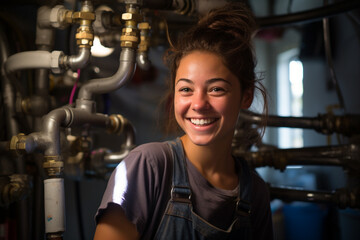 handywoman repairing pipe in the mechanical room bokeh style background