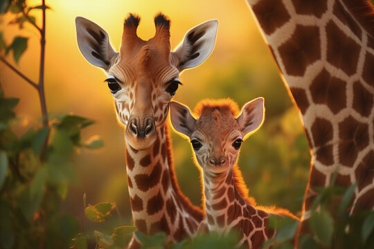 An image of a graceful giraffe and an adorable baby giraffe