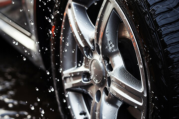 close up of car tire splashing in the water bokeh style background