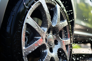 close up of car tire splashing in the water bokeh style background