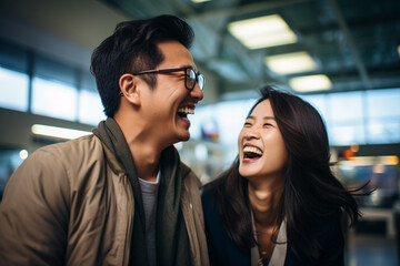 happy asian couple in the airport bokeh style background - obrazy, fototapety, plakaty