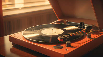 Close up of a Retro style vintage record player  in sepia colors 