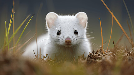 A stoic Ermine peeks out from alpine grass against a foggy background
