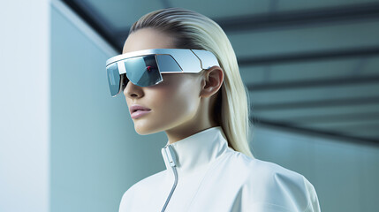 Futuristic people wearing modern sci fi augmented reality glasses 