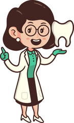 Mascot Female Dentist Character Profession in White Coat doing Dental Care Presentation