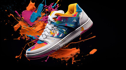 Single generic colored sports shoe in an artistic color splash  - obrazy, fototapety, plakaty