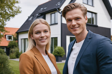 young dutch couple standing in front of modern detached dutch house, netherlands, eco-friendly house, eco house, beautiful garden, buying new house, real estate, mortgage loan - obrazy, fototapety, plakaty