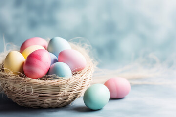 Fototapeta na wymiar Multi pastel colors easter eggs in the woven basket