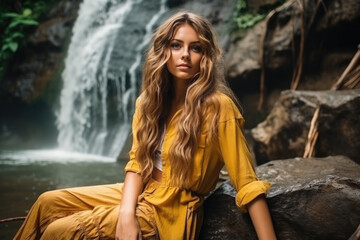young woman wearing in yellow dress posing near jungle waterfall