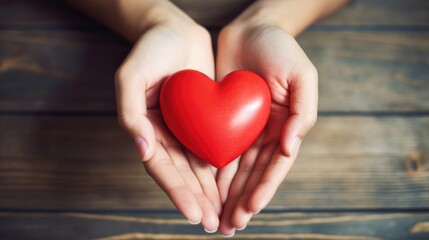 Obraz premium Woman's hands with a red heart over the wooden table top-down view. Generative ai
