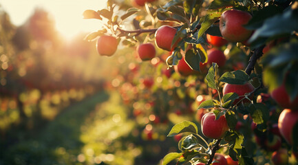 Ripe red apples on apple tree branch in orchard at sunset - obrazy, fototapety, plakaty
