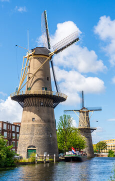 Schiedam, Netherlands - July 30, 2023: The Palmboom and the Noord city mills are part of the Schiedam windmills, the tallest classic windmills in the world.