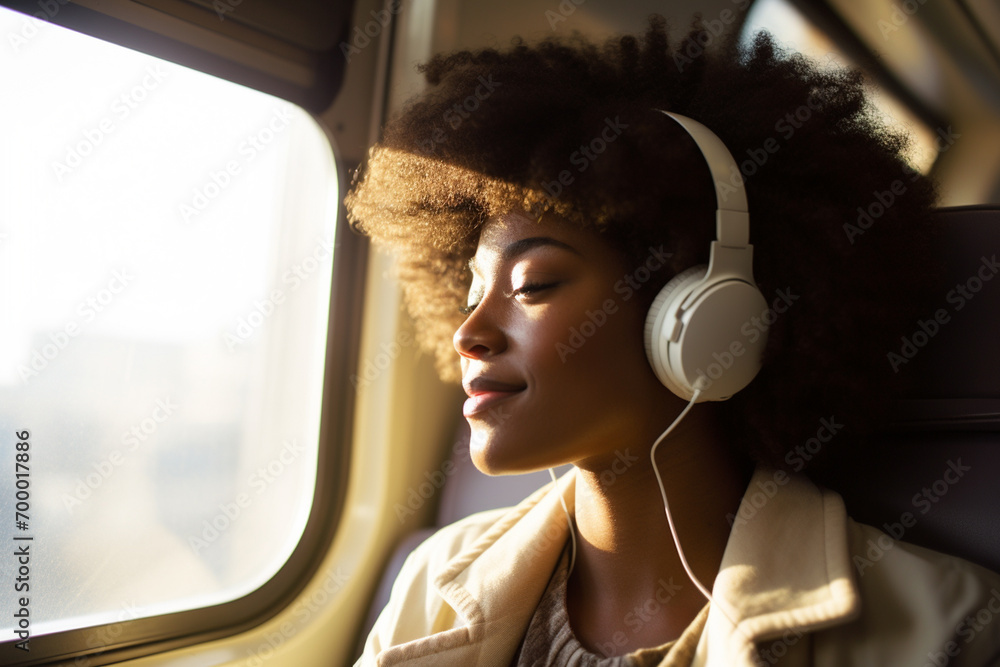 Wall mural african american woman passenger wearing headphones on the train bokeh style background