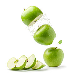 Apples isolated. Levitation of ripe green apples, apple halves and slices on a white background.