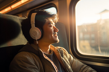 asian male passenger wearing headphones on the train bokeh style background