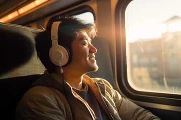 Fotobehang asian male passenger wearing headphones on the train bokeh style background © toonsteb