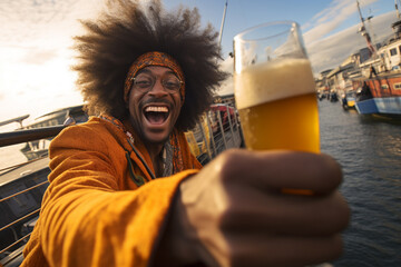 happy african american man holding a beer on the dock bokeh style background - Powered by Adobe