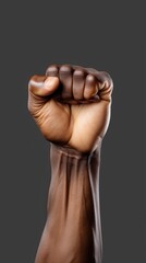 The raised fist of a black male hand is isolated against a dark grey background. Generative ai
