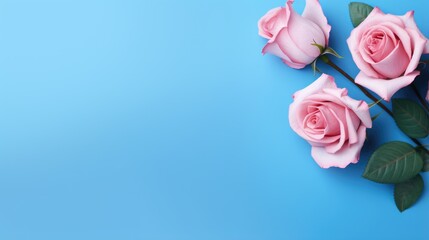 Pink roses on a blue background. Generative ai