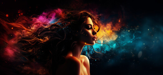 Captivating Woman with Flowing Hair in Front of a Colorful Cloud of Smoke
