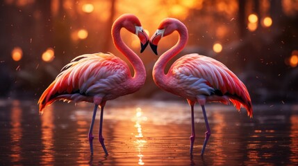Two pink Flamingo birds forming a heart shape in the water, beautiful sunset colors, and the concept of love. Generative ai