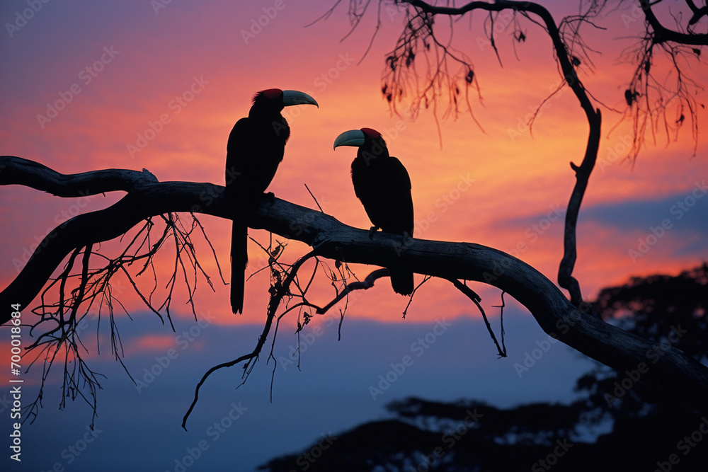 Aufkleber A tranquil twilight scene featuring toucans perched on branches, their silhouettes against the fading light creating a sense of tranquility.