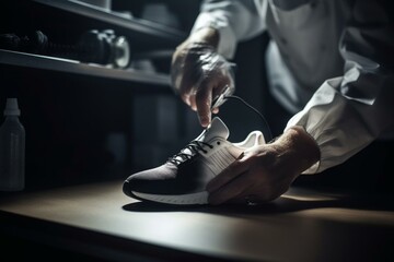 A forensic expert studies a shoe's tread to solve a lab murder case. Generative AI