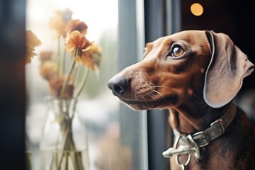 dog with nose pressed against a glass door - obrazy, fototapety, plakaty