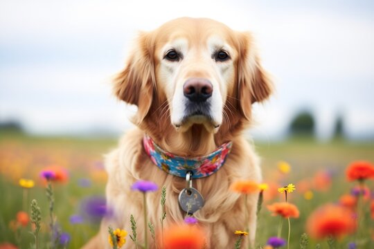 golden retriever wearing a floral collar in a field of flowers