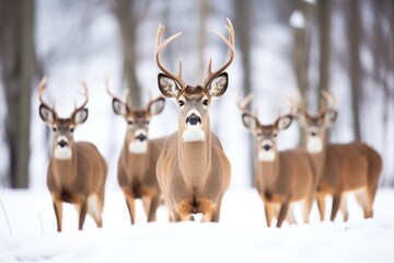 six deer standing alert, ears perked in snow