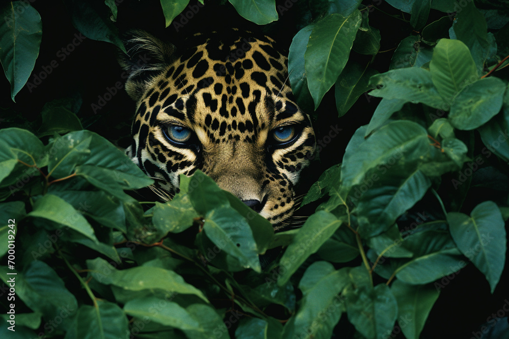 Poster an abstract composition of jaguars forming a dynamic jigsaw pattern within the tropical foliage, cre