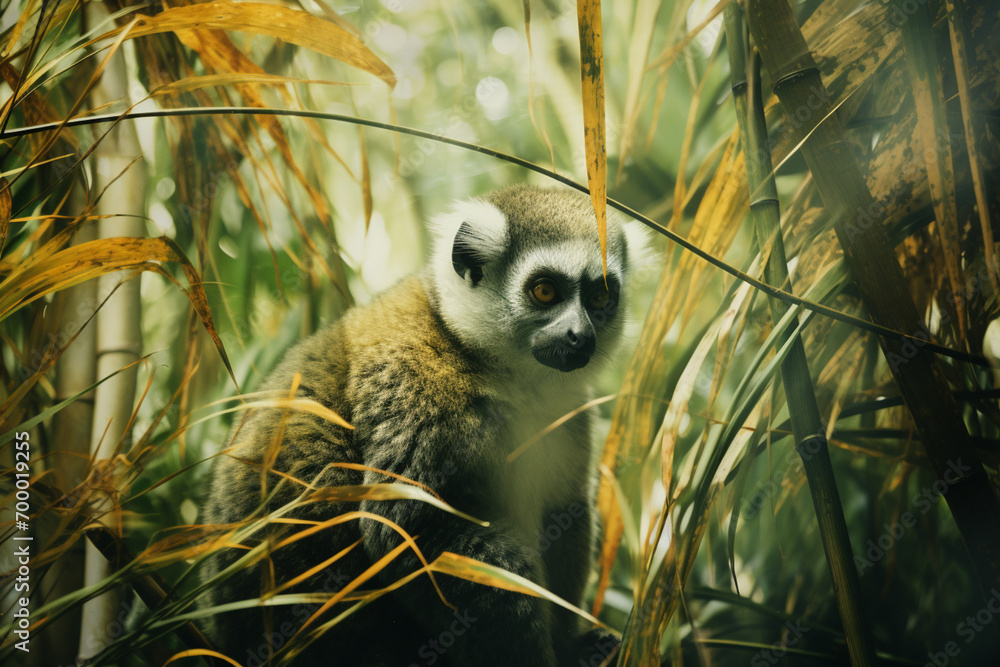 Poster An abstract portrayal of lemurs in layers of movement and energy, blending seamlessly with the textures of the tropical forest.