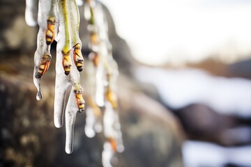 macro shot of icicles hanging from a rock ledge - obrazy, fototapety, plakaty