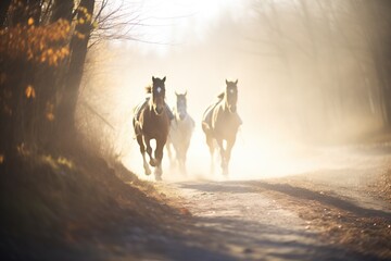 horses breath creating foggy trail in cold air - obrazy, fototapety, plakaty