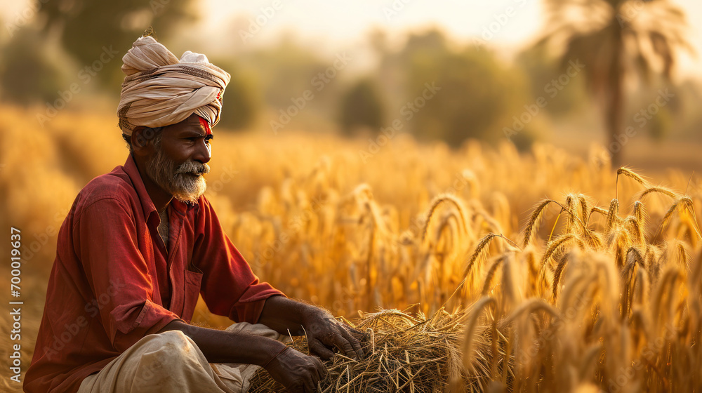 Wall mural indian farmer in a wheat field