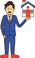 Real Estate Investment Handdrawn, Male Property Seller Character Standing Offering Home Listing