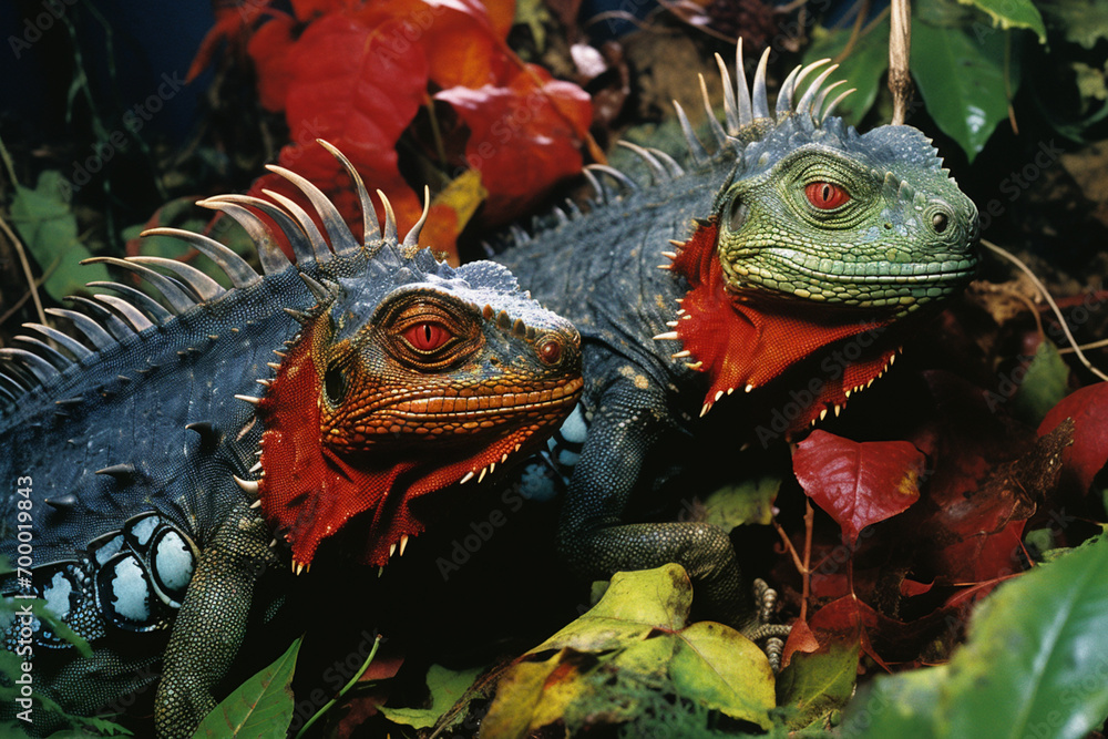 Poster an abstract depiction of iguanas engaged in intricate interplay, their forms merging with the textur
