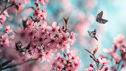 Spring banner, branches of blossoming cherry against background of blue sky and butterflies on nature outdoors. Pink sakura flowers, dreamy romantic image spring. Made with generative ai