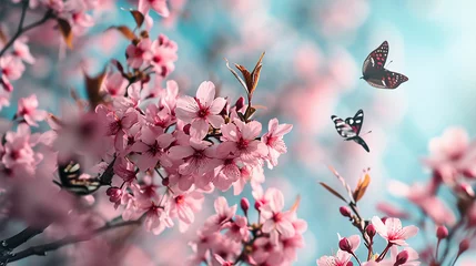 Zelfklevend Fotobehang Spring banner, branches of blossoming cherry against background of blue sky and butterflies on nature outdoors. Pink sakura flowers, dreamy romantic image spring. Made with generative ai © ferid