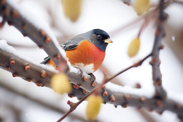 underwing view of robin alighted on a snowy bough